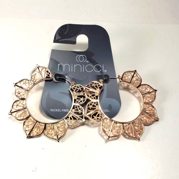 MINICCI Rose Gold tone 2-in Hoop Filigree Design Drop Earrings - Women's Jewelry - Picture 3 of 5